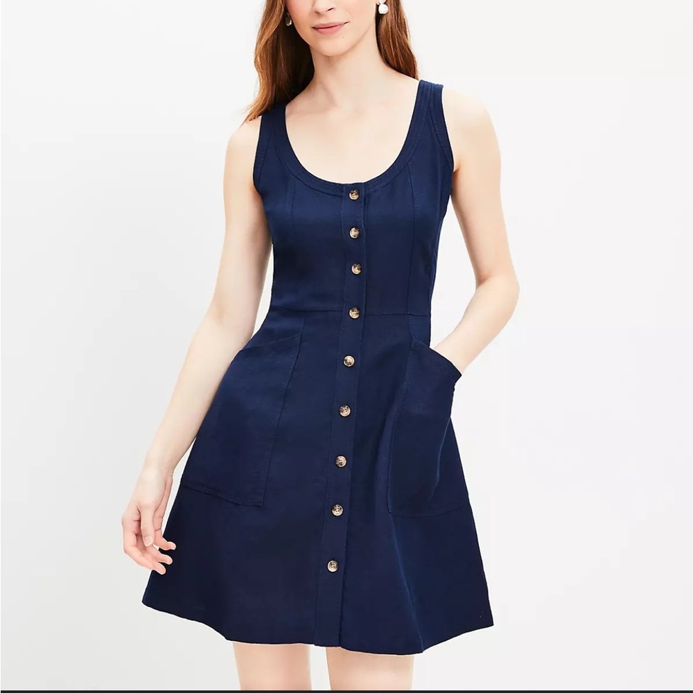 Loft Linen Blend Button Down Sleeveless Dress. Navy Blue. Pockets. Size 10.
